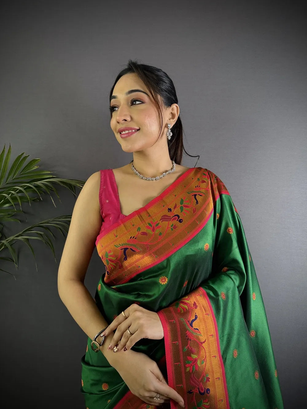 Pure Paithani Saree with Peacock & Deer Pallu – Traditional Maharashtrian Weave (Dark Green)